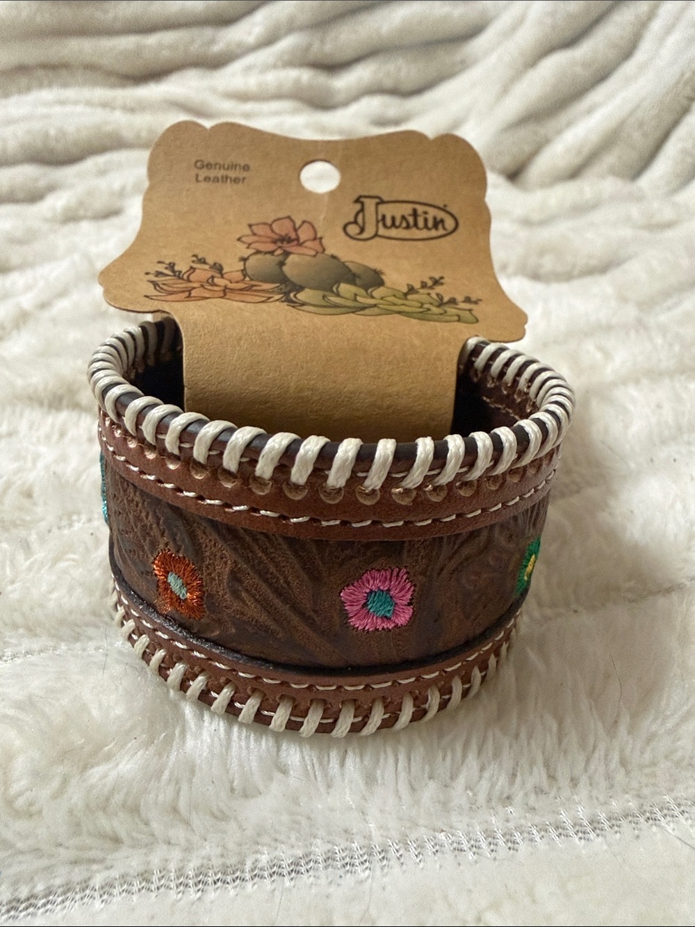 Justin Boots Brown Leather Bracelet with Multicolor Flower Embroidery